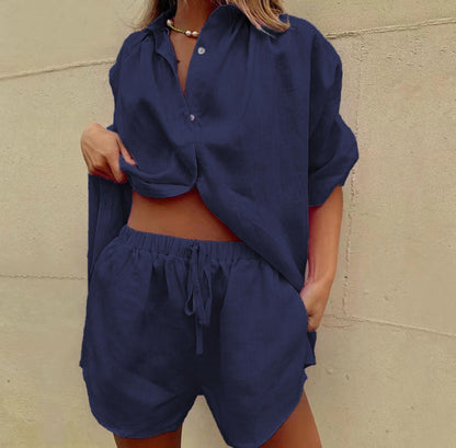 Women's Set – Casual Shirt and High-Waisted Shorts – Light and Breathable Linen Look