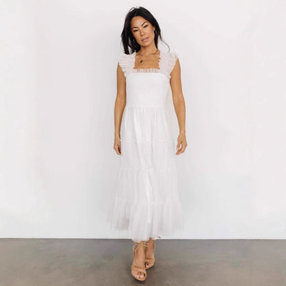 Women's Dress – Smocked Bodice – Layered Mesh Skirt – Sleeveless with Ruffle Details