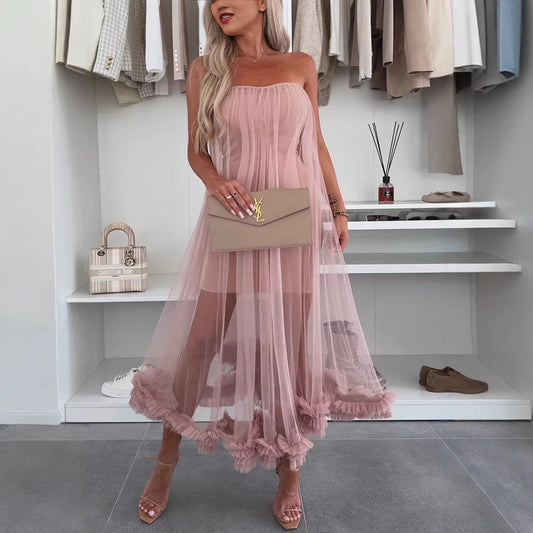 Women's Midi Dress – Strapless A-line Fit – Tulle Layer – Ruffle Hem – Casual Elegant