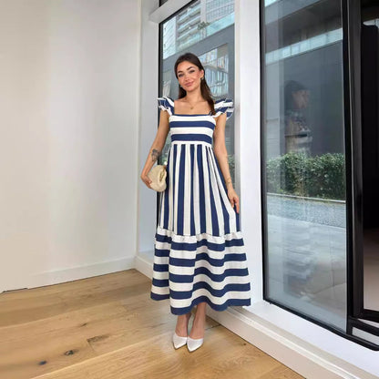 Women's Midi Dress – Cotton Blend – Relaxed Fit – Off Shoulder – Striped – Ruffle Sleeves