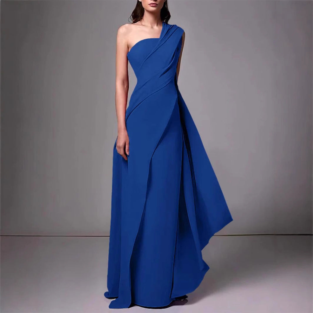 Women's Evening Dress – Floor-Length – Slim Fit – Asymmetric One Shoulder – Elegant Draping