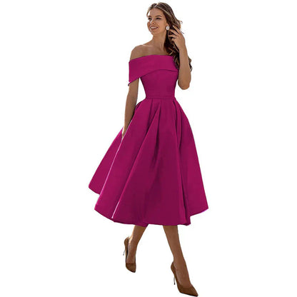 Women's Midi Dress - Elegant Off-Shoulder - Fit & Flare - Formal Party Look