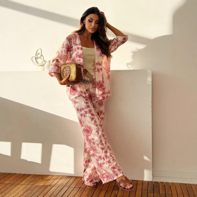 Women's Two-Piece Set – Relaxed Fit – Floral Print – Lightweight Wide-Leg Pants