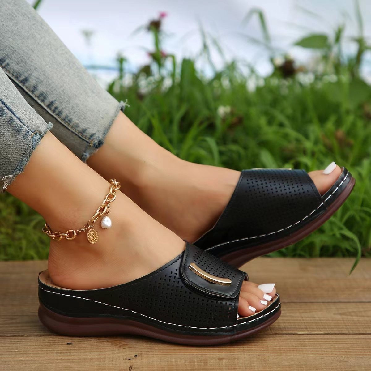Women's Sandals with Wedge Heel – Slip-on – Wide Strap – Perforated Faux Leather – Comfort