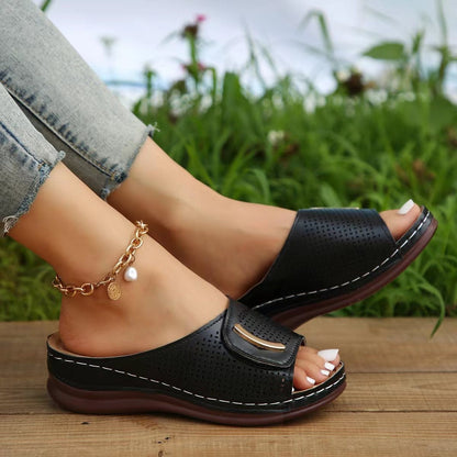 Women's Sandals with Wedge Heel – Slip-on – Wide Strap – Perforated Faux Leather – Comfort