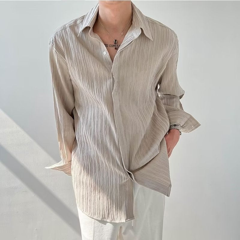 Men`s Long-Sleeve Shirt – Crinkled Texture – Oversized Fit – Button Closure