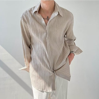 Men`s Long-Sleeve Shirt – Crinkled Texture – Oversized Fit – Button Closure