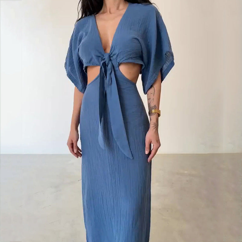 Women's Maxi Dress – Slim Fit – V-Neck – Waist Cutout – Open Back – Short Sleeves
