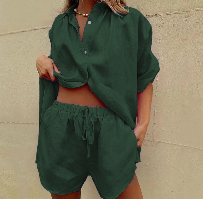 Women's Set – Casual Shirt and High-Waisted Shorts – Light and Breathable Linen Look