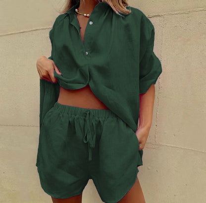 Women's Set – Casual Shirt and High-Waisted Shorts – Light and Breathable Linen Look