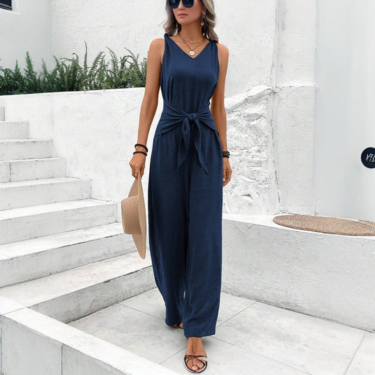 Women's Jumpsuit – Relaxed Fit – Sleeveless – Wide Leg – Waistband – Natural Fibers