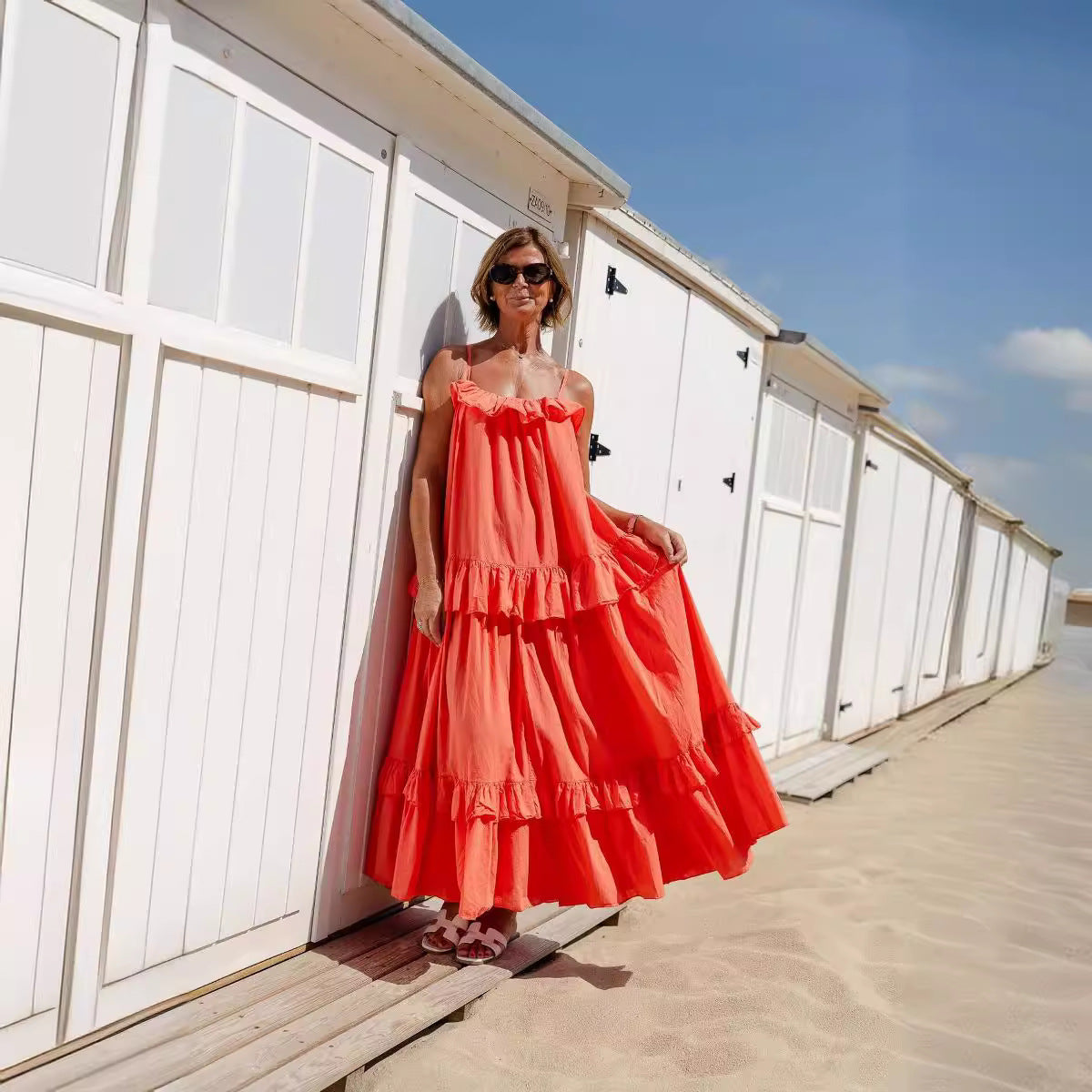 Women's Maxi Dress – Flowy Fit – Ruched Neckline – Layered Skirt – Spaghetti Straps
