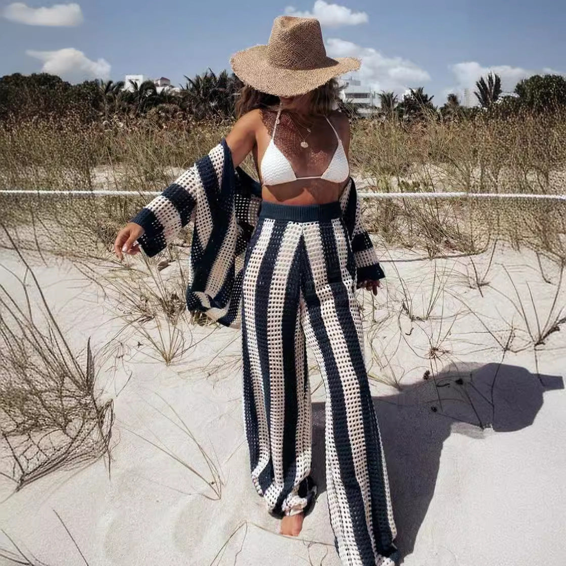 Women's Set – Oversized V-neck Top and Wide Pants – Breathable Textured Knit