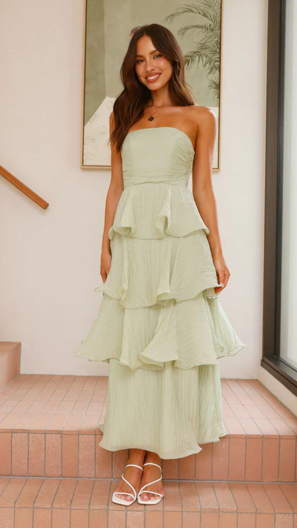 Dress for Women – Strapless Midi – Slim Fit – Lightweight Fabric with Layered Ruffles