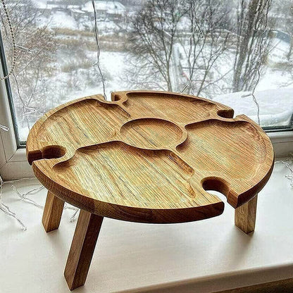 Oak Wood Foldable Table with Wine and Glass Slots