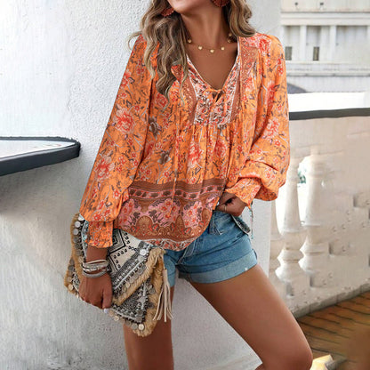 Women's Blouse – Light Rayon – Relaxed Fit – Tie Band – Long Sleeves Boho Print
