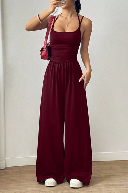 Women’s Halter Wide-Leg Jumpsuit – Ruched Waist  – Flowy Summer Fit