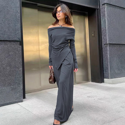 Women's Set – Off-Shoulder Top Asymmetric Cut – Wide Pants – Soft Stretch Knit
