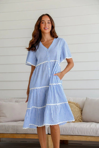 Dress for Women – V-Neck – Loose Fit – Layered Design with Lace Trim