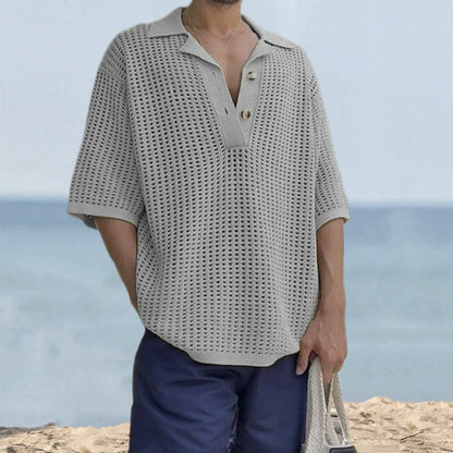 Men's Sweater – Open Knit – Oversized Fit – Short Sleeves – Notch Lapel