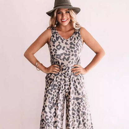Women's Sleeveless Jumpsuit - Leopard Print - Loose Fit - V-Neck Wide-Leg Cropped