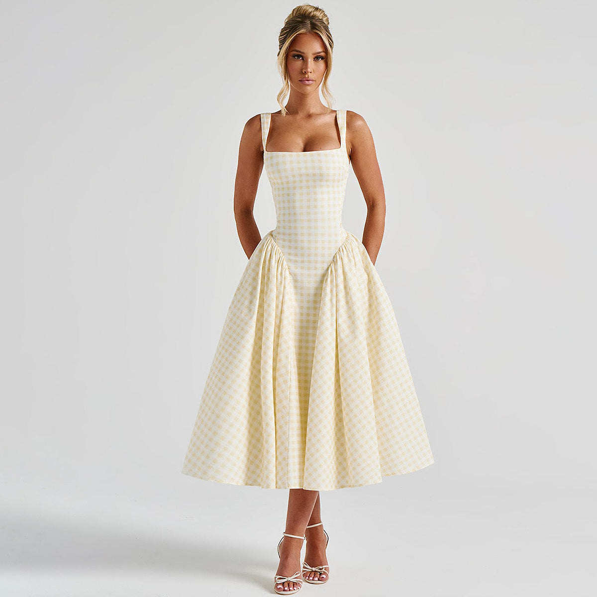 Dress for Women – Midi Dress – Princess Cut – Checkered Pattern – Spaghetti Straps – Square Neckline
