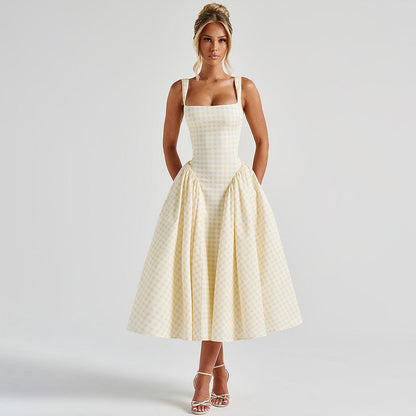 Dress for Women – Midi Dress – Princess Cut – Checkered Pattern – Spaghetti Straps – Square Neckline
