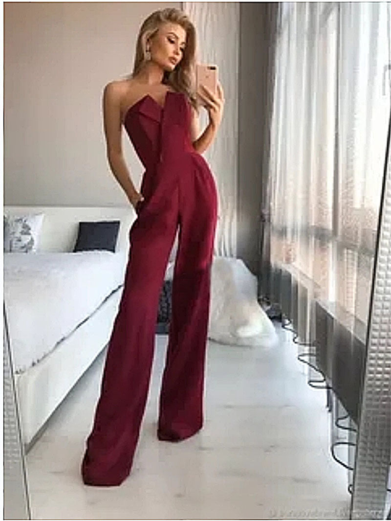 Women's Jumpsuit – Tailored Fit – Strapless Asymmetric Neckline – Wide Leg Elegant Style