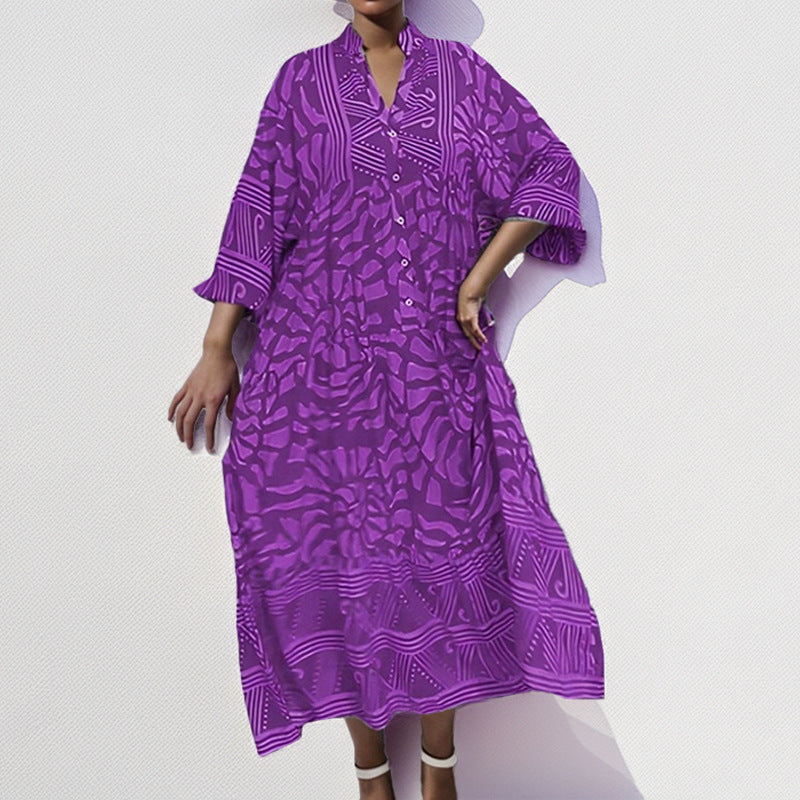 Women's Dress – Loose Fit – Lightweight Fabric – Mid-Length – Print – Button Closure – Rolled-Up Sleeves