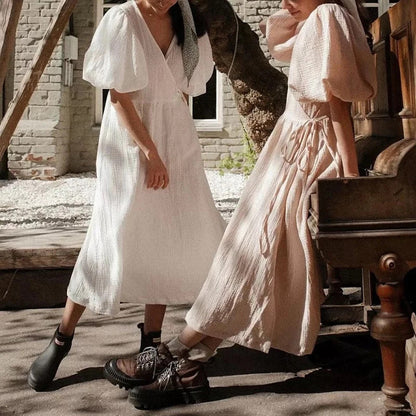 Women's Long Dress – V-Neck – Puff Sleeves – Soft Texture – Relaxed Fit