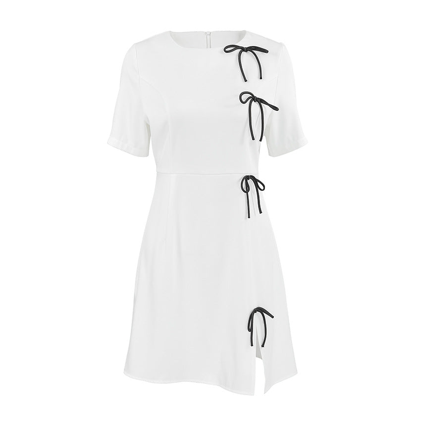 Women's A-line Dress – Short Sleeved – Round Neck – Bow Details – Mini Elegant Fit