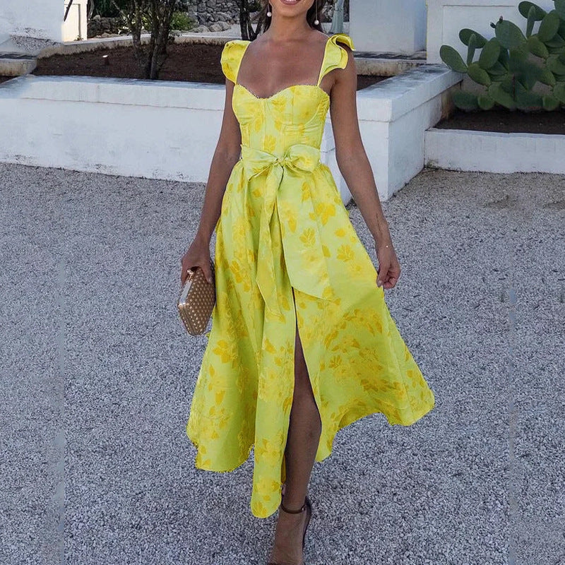 Women's Maxi Dress – Light Cotton – Floral Print – Slit – Tie Straps – A-line Shape