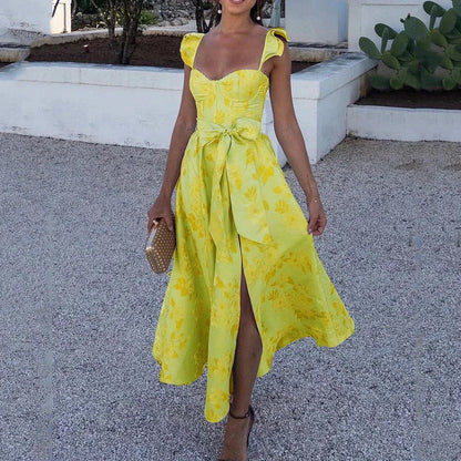 Women's Maxi Dress – Light Cotton – Floral Print – Slit – Tie Straps – A-line Shape