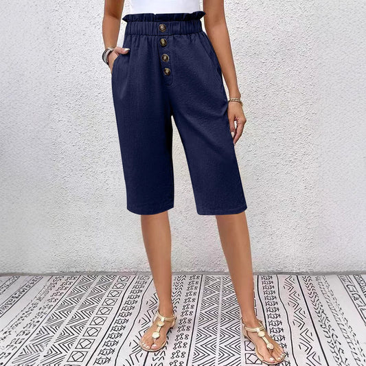 Women's Shorts – Relaxed Fit – High Waist Paperbag – Natural Fibers – Knee Length