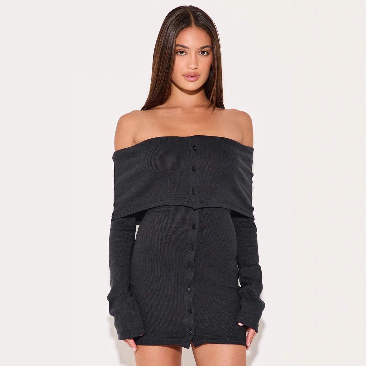 Dress for Women – Off-Shoulder – Slim Fit – Ribbed Knit – A-Line Mini – Long Sleeves