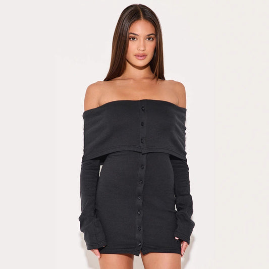 Dress for Women – Off-Shoulder – Slim Fit – Ribbed Knit – A-Line Mini – Long Sleeves