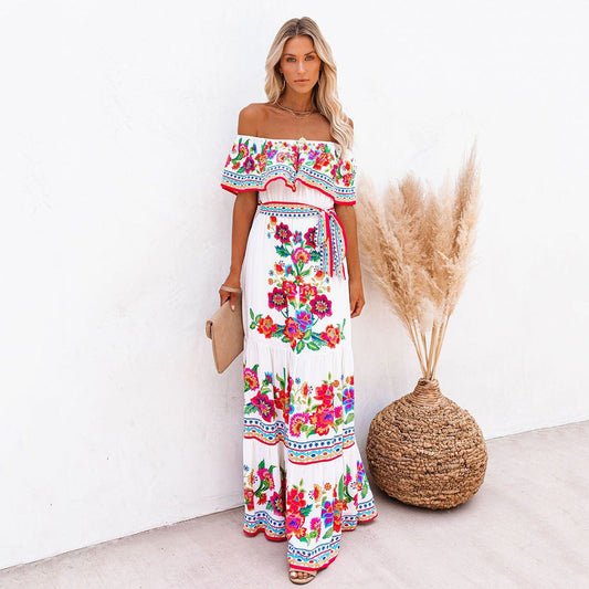 Women's Maxi Dress – Off-Shoulder Ruched Neckline – Floral Print – Loose Fit with Belt