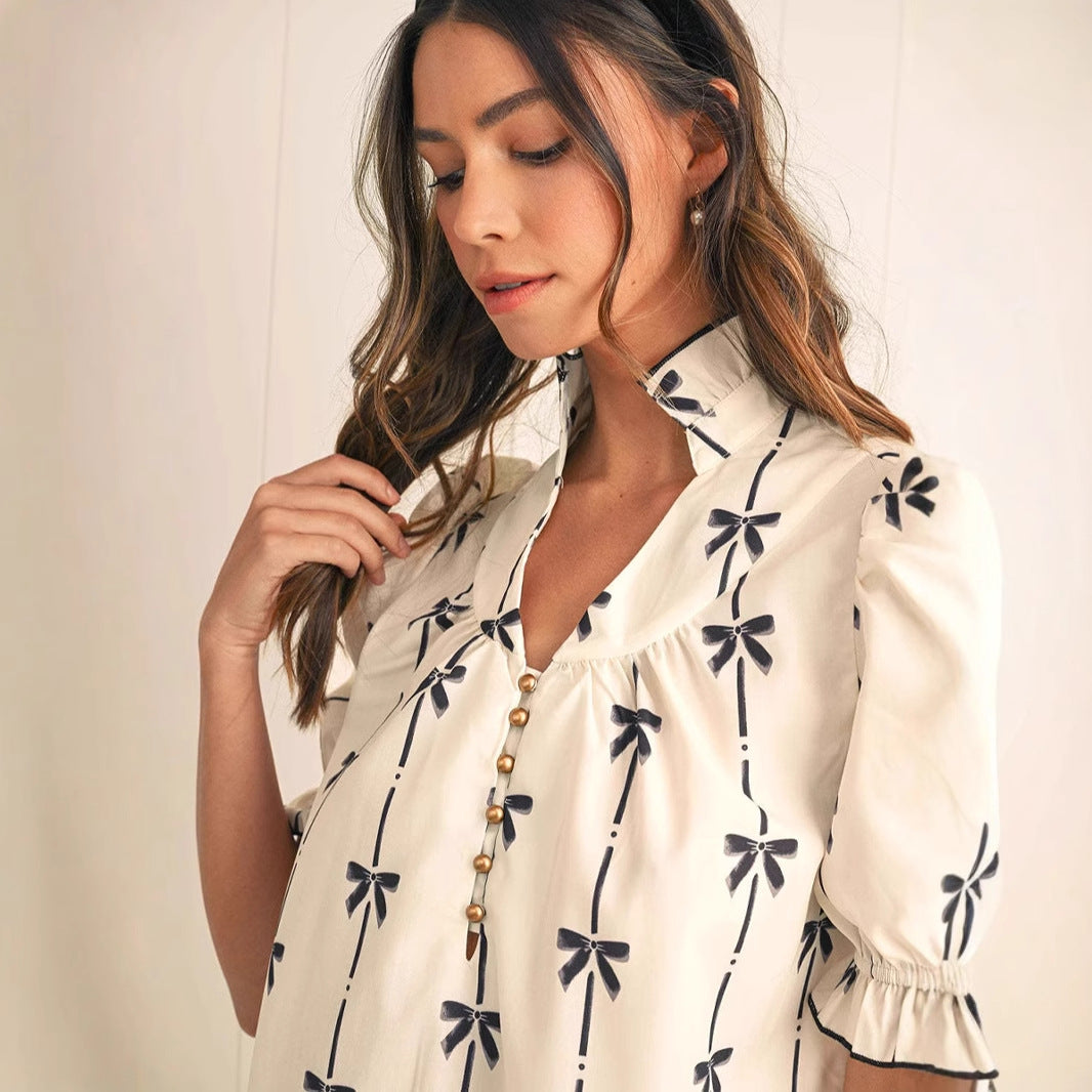 Women's A-line Dress – Light Cotton – Puff Sleeves – Bow Pattern – Above the Knee