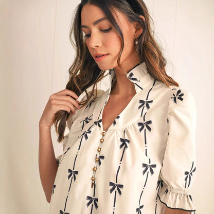 Women's A-line Dress – Light Cotton – Puff Sleeves – Bow Pattern – Above the Knee