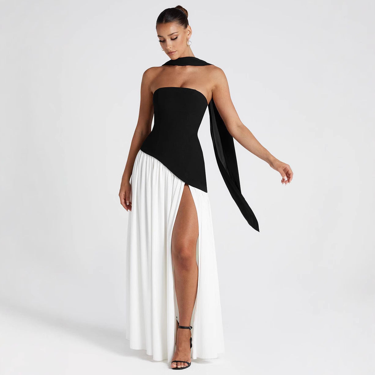 Women's Evening Dress – Strapless – Asymmetric Top – Slit – Long Flowing Skirt