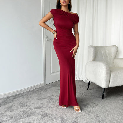 Women's Evening Dress – Bodycon Fit – Off-Shoulder – Ruched Detail – Floor-Length