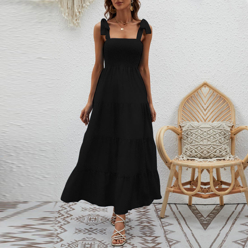 Women's Maxi Dress – Light Cotton – Fitted Bodice – Tie Straps – Tiered Skirt