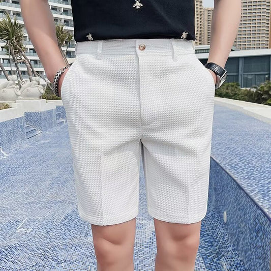 Men's Shorts – Slim Fit – Woven Texture – Button Closure – Knee-Length – Belt Loops