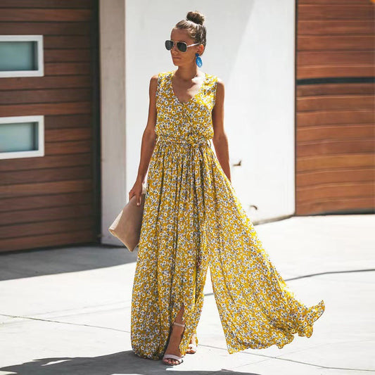 Dress for Women – Maxi Dress – Lightweight – Bohemian – Deep V-Neck – Fitted Waist