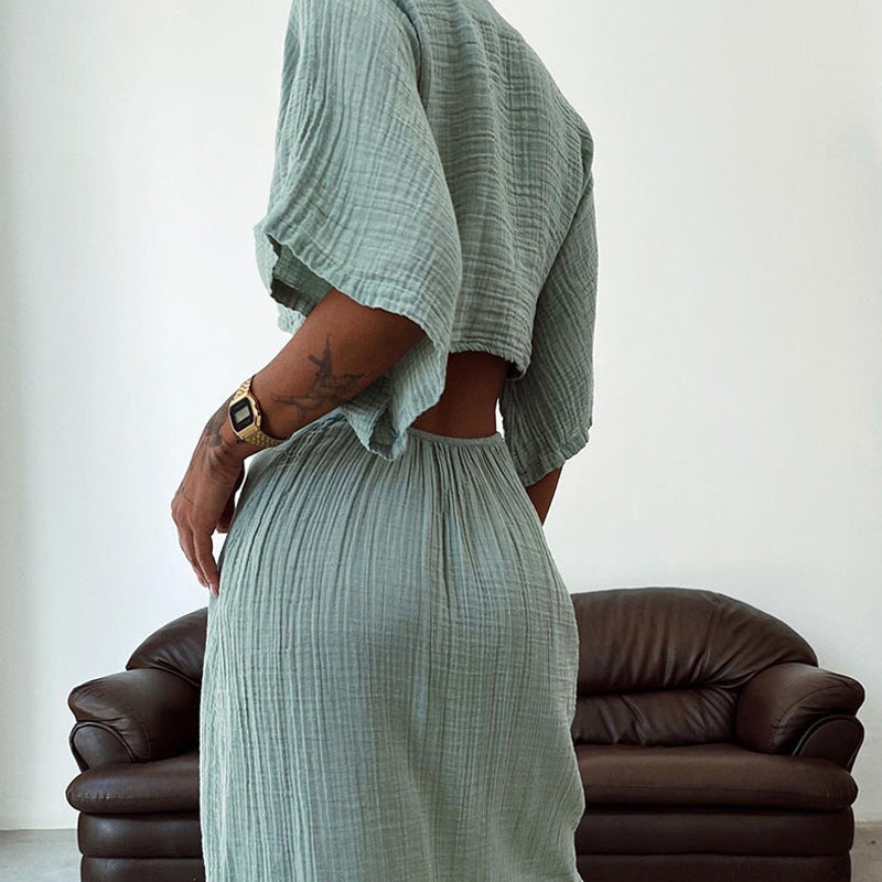 Women's Maxi Dress – Slim Fit – V-Neck – Waist Cutout – Open Back – Short Sleeves