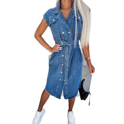 Women's Denim Dress – Sleeveless – Button Closure – Belted Waist – Midi Length