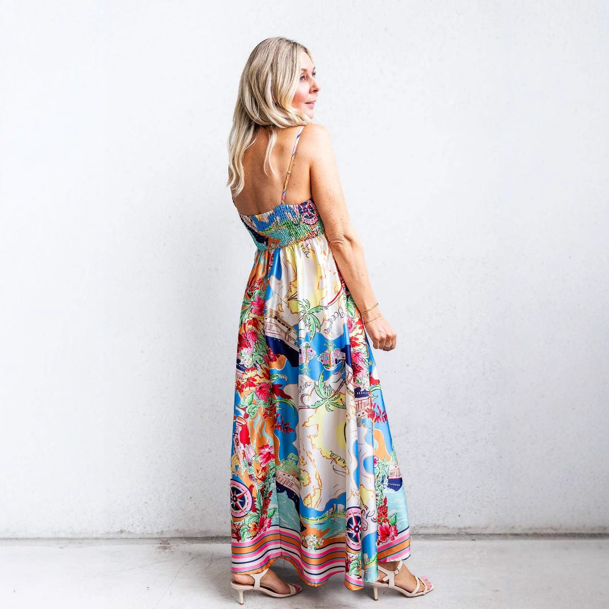 Women's Maxi Dress – Silky Soft Lightweight Fabric – High Waist – Spaghetti Straps – Tropical Print