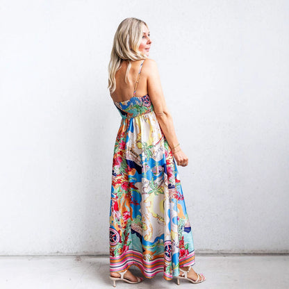 Women's Maxi Dress – Silky Soft Lightweight Fabric – High Waist – Spaghetti Straps – Tropical Print