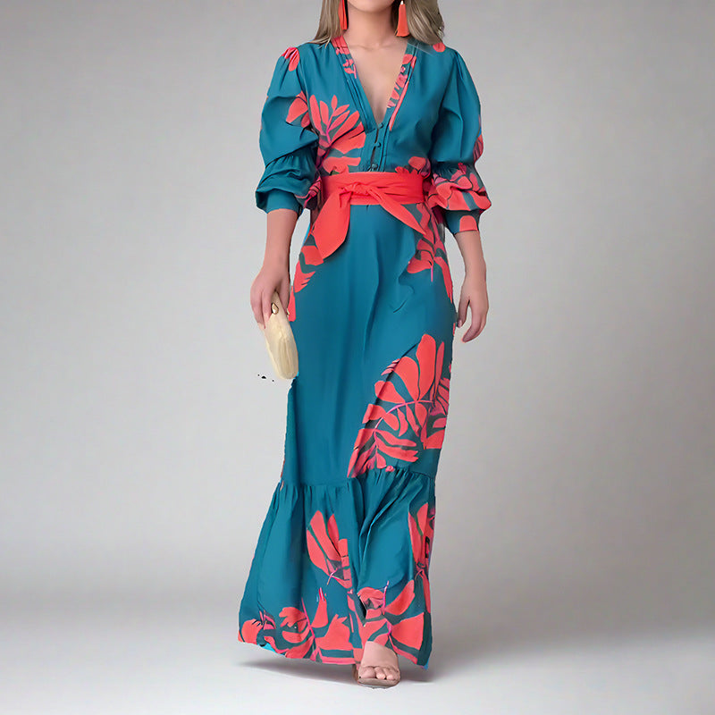 Dress for Women – Maxi Dress with Puff Sleeves – V-Neckline – Belt – Elegant Fit