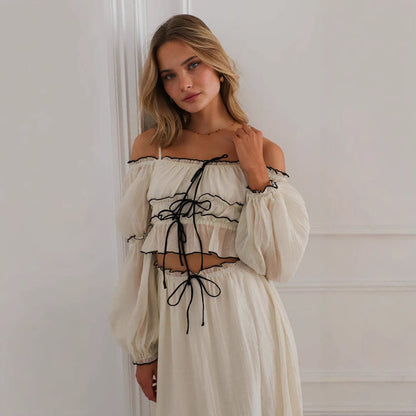 Women's Set – Off Shoulder Top and Skirt – Ruched Details – Loose Fit – Boho Style